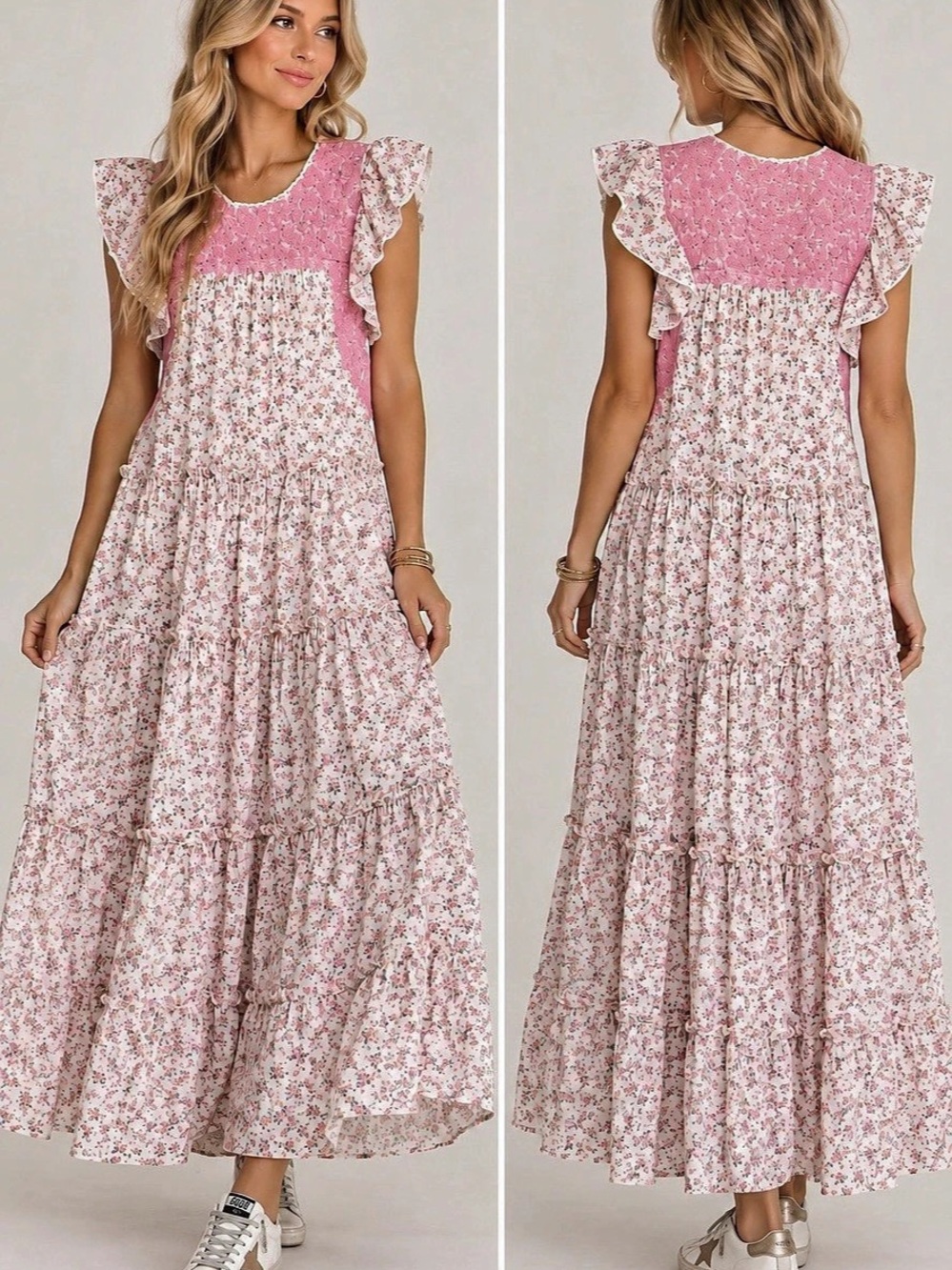 J. Marie Floral Ruffle Sleeve Maxi Dress in Pink & White with embroidery XS